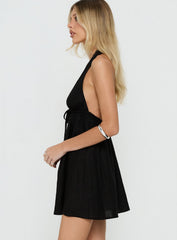 Easy Going Button Detail Halter Linen Mini Dress Black