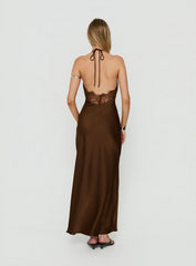 Adamaria Plunge Halter Lace Trim Maxi Dress Chocolate