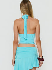Aylah Jersey Keyhole Tie Neck Top Cyan