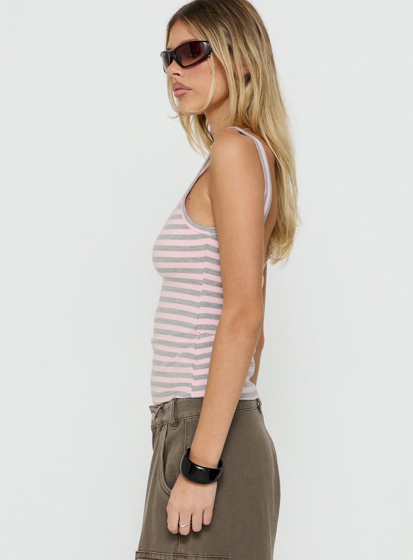 Keep It Light Low Back Tank Top Pink / Grey Stripe