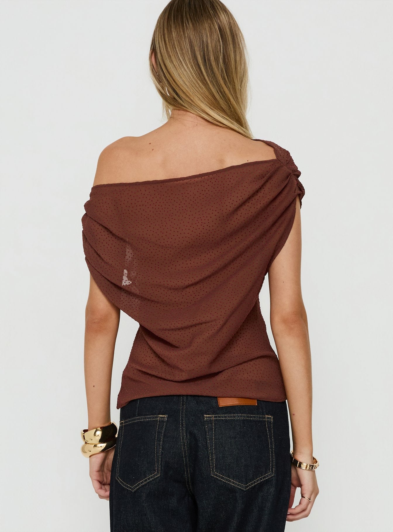 Orya Sheer Drape Off Shoulder Top Brown
