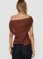 Orya Sheer Drape Off Shoulder Top Brown