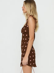 Lozie Frill V Neck Mini Dress Brown Polka Dot