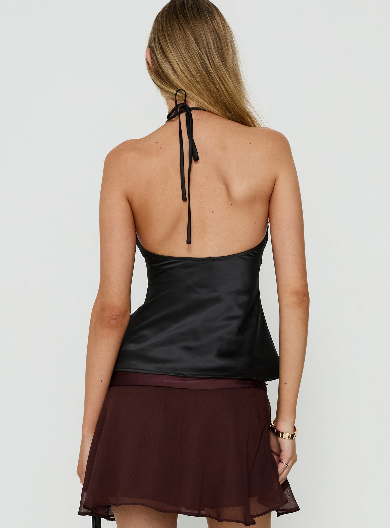 Deyla Lace Detail Tie Neck Satin Top Black