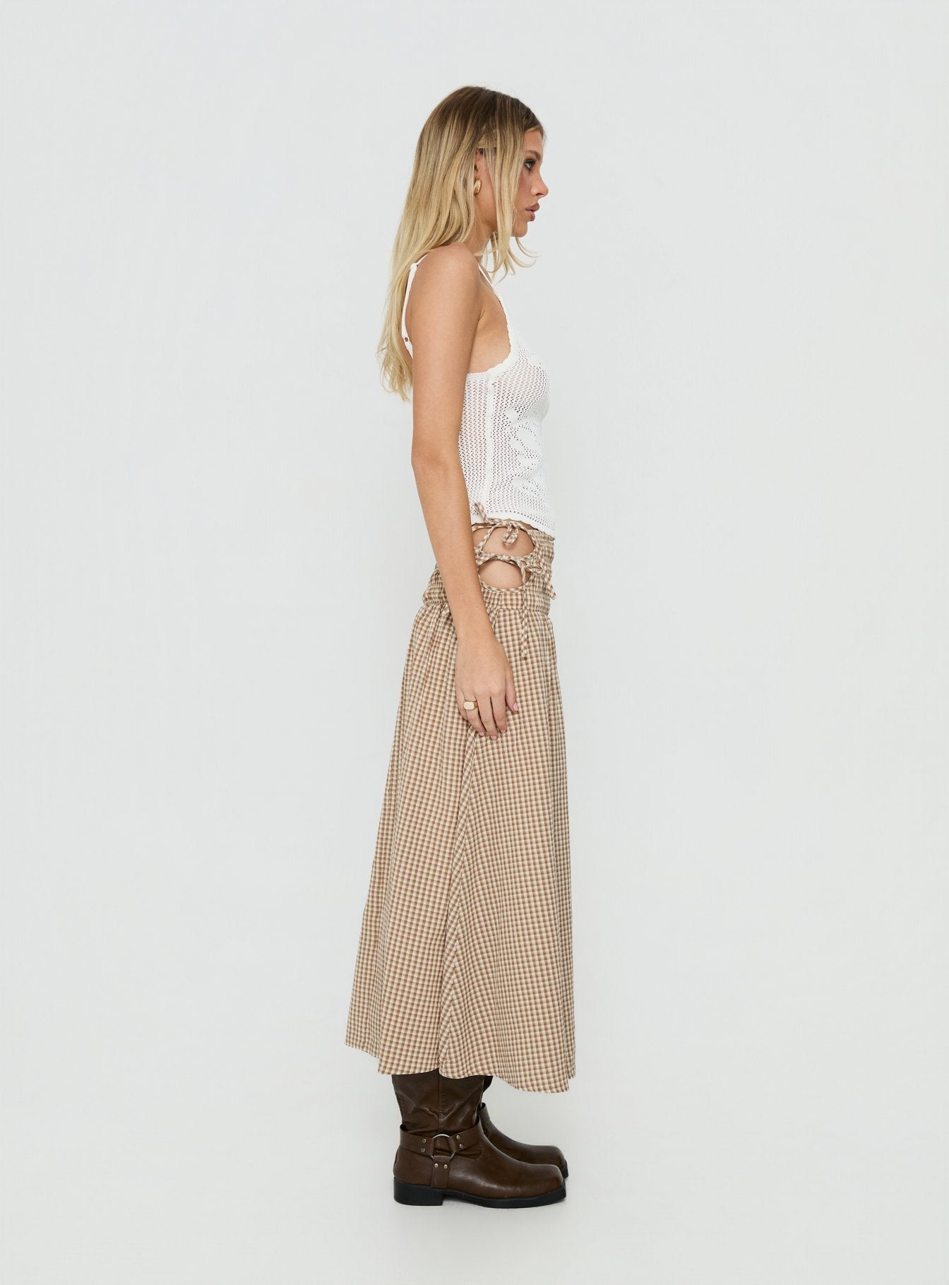 Vence Ruched Maxi Skirt Brown Gingham