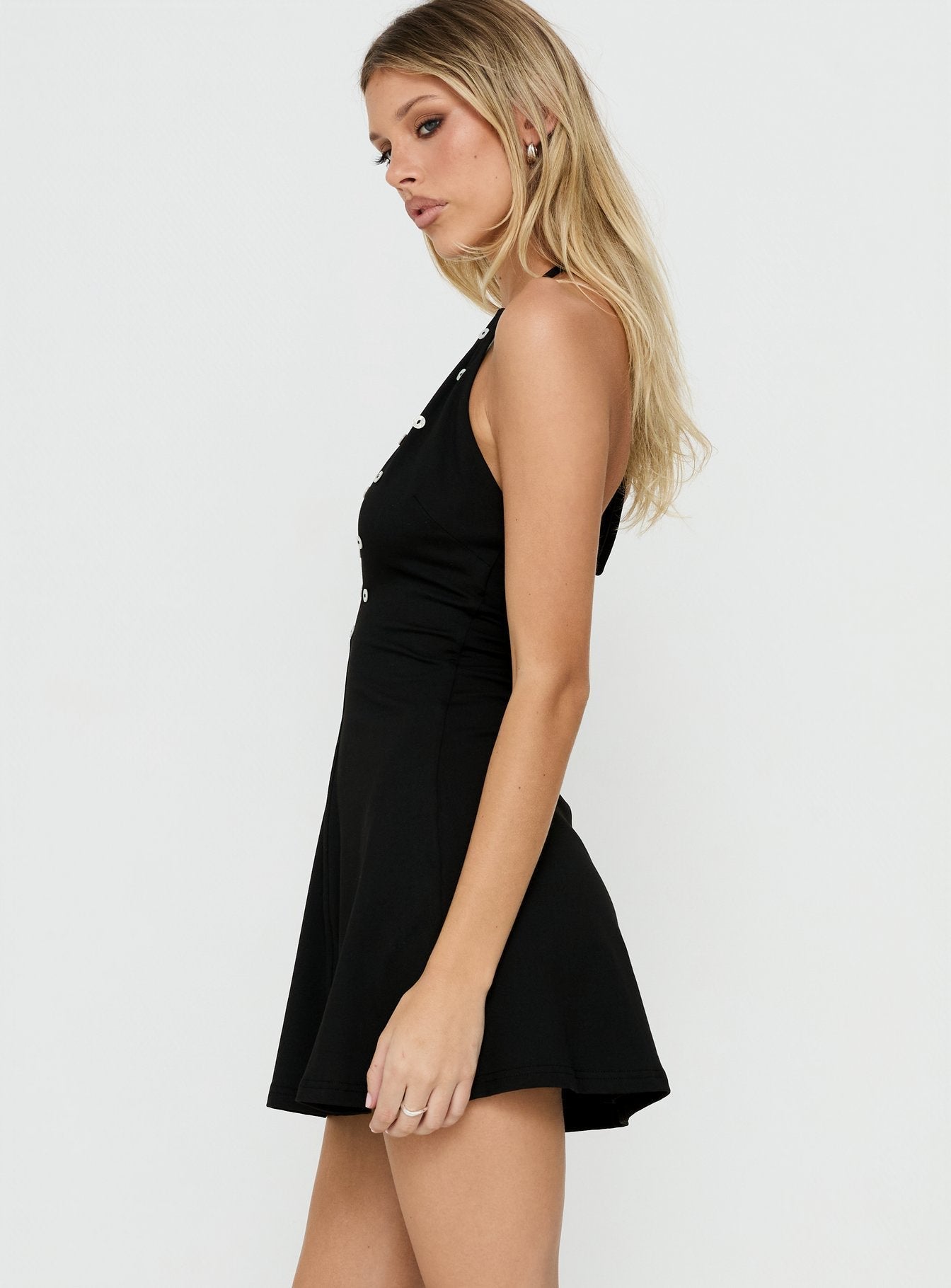 Junette Halter Button Mini Dress Black