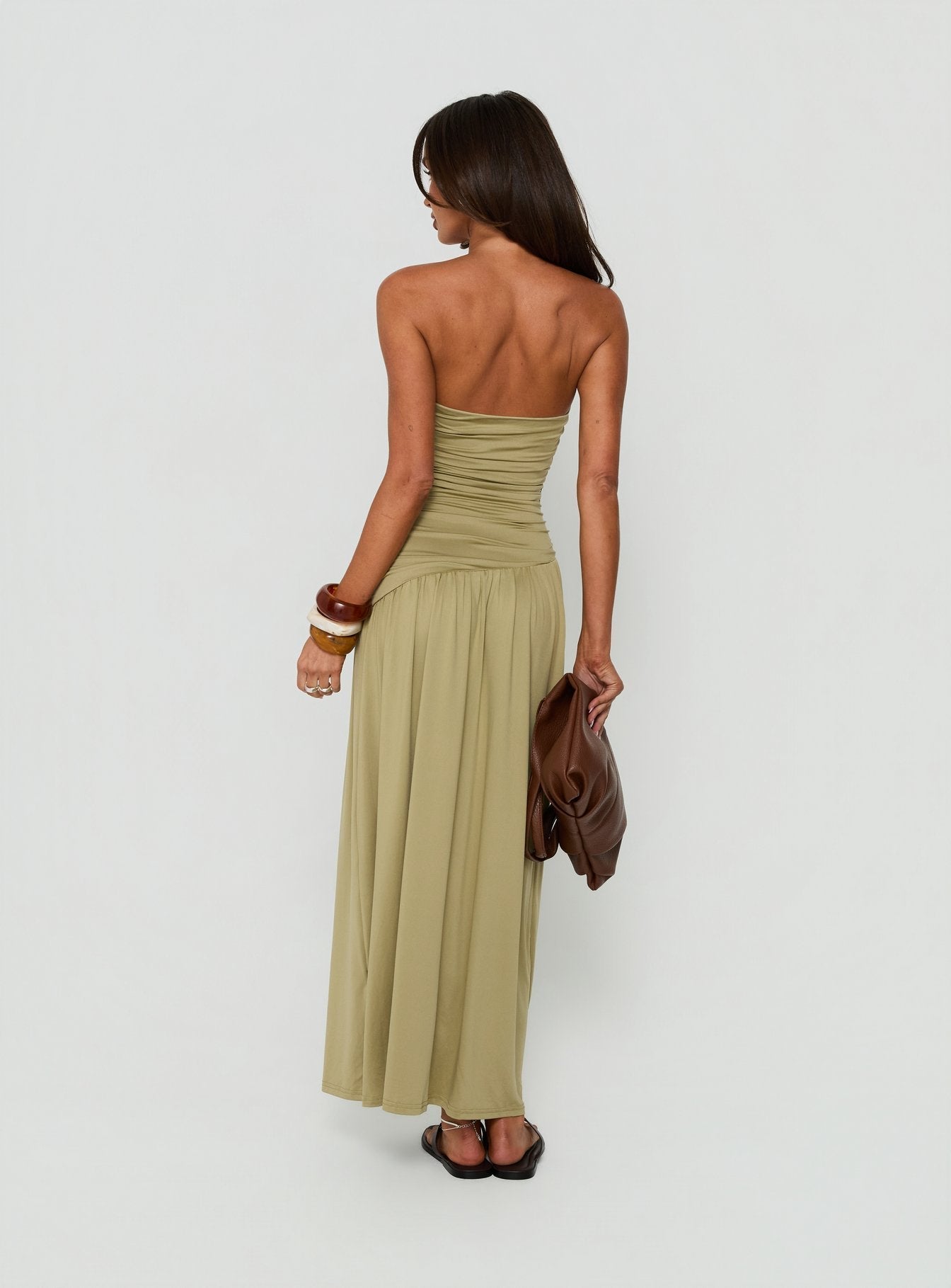 Isolina Strapless Ruched Maxi Dress Sage Green