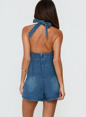 Ardenia Halter Denim Romper Mid Blue Wash