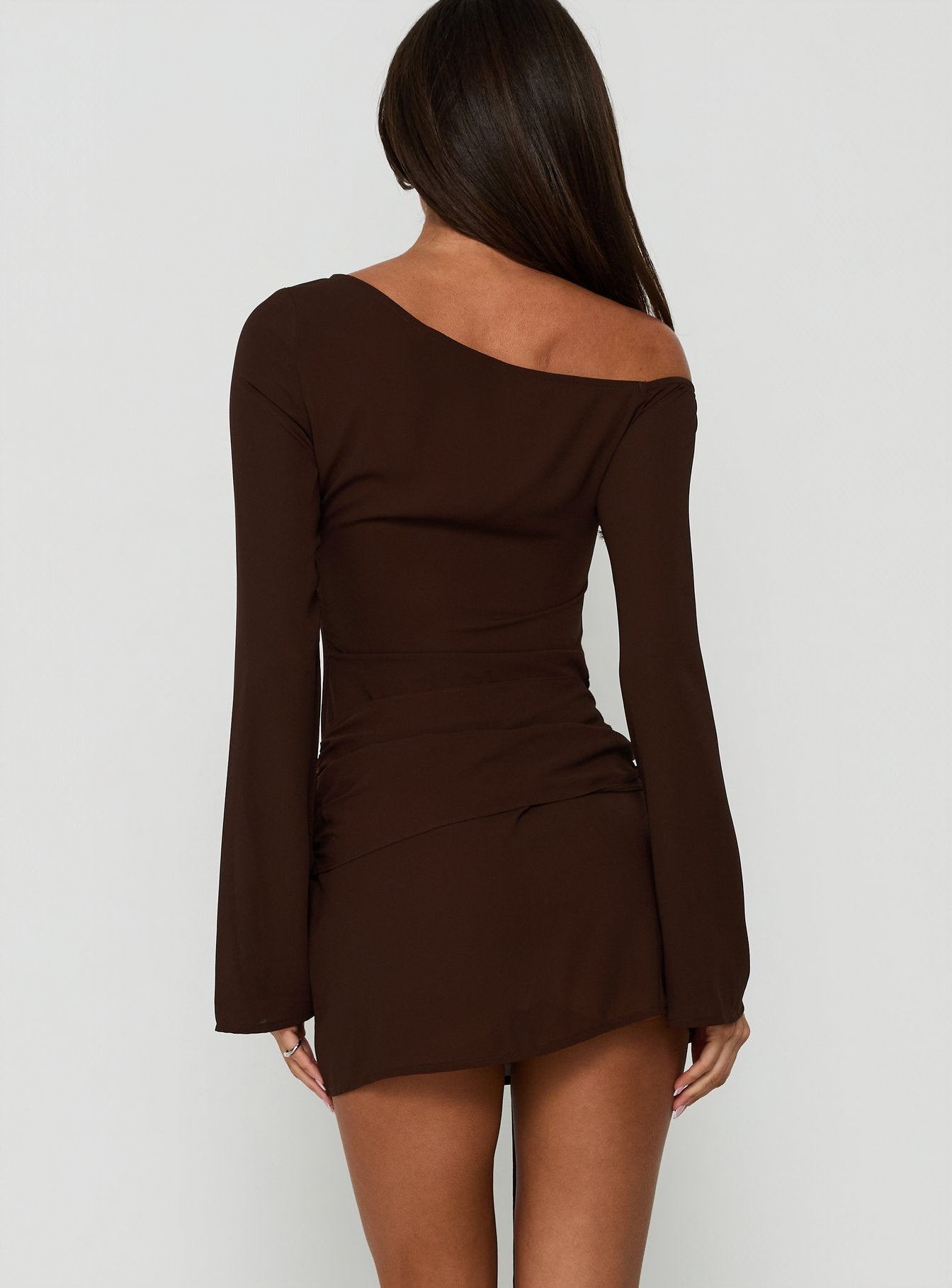 Still Spinning One Shoulder Belted Mini Dress Brown