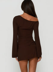 Still Spinning One Shoulder Belted Mini Dress Brown