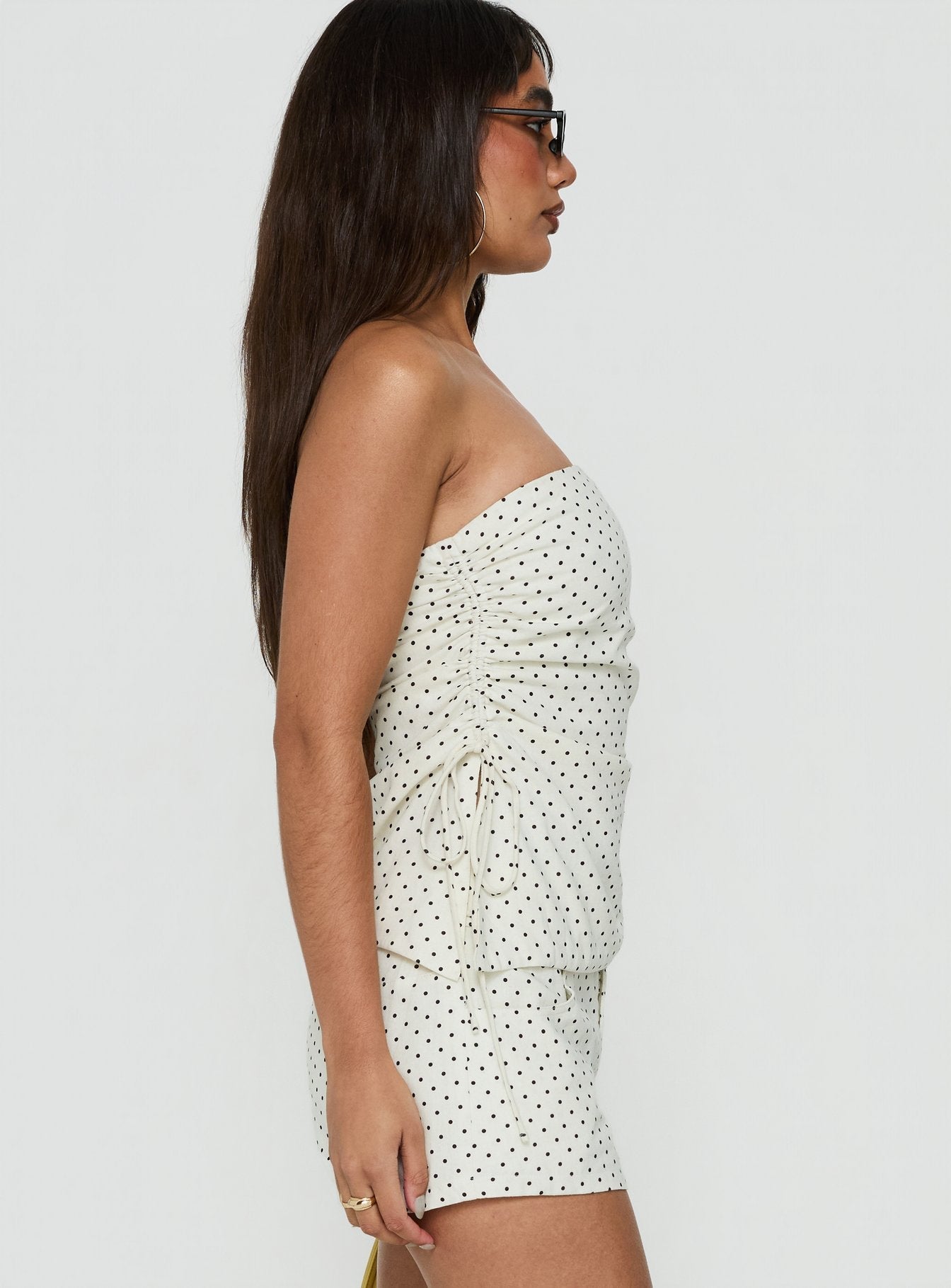 Defined Strapless Gathered Linen Blend Top Cream Polka Dot
