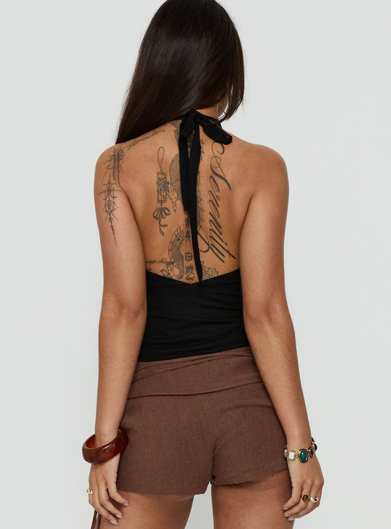 Opel Plunge Neck Bead Detail Halter Top Black