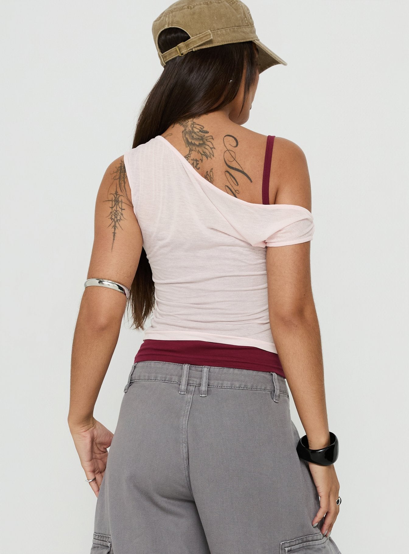 Klaretta Off Shoulder Draped Layered Top Pink / Burgundy
