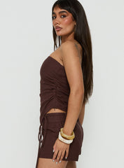Defined Strapless Gathered Linen Blend Top Brown