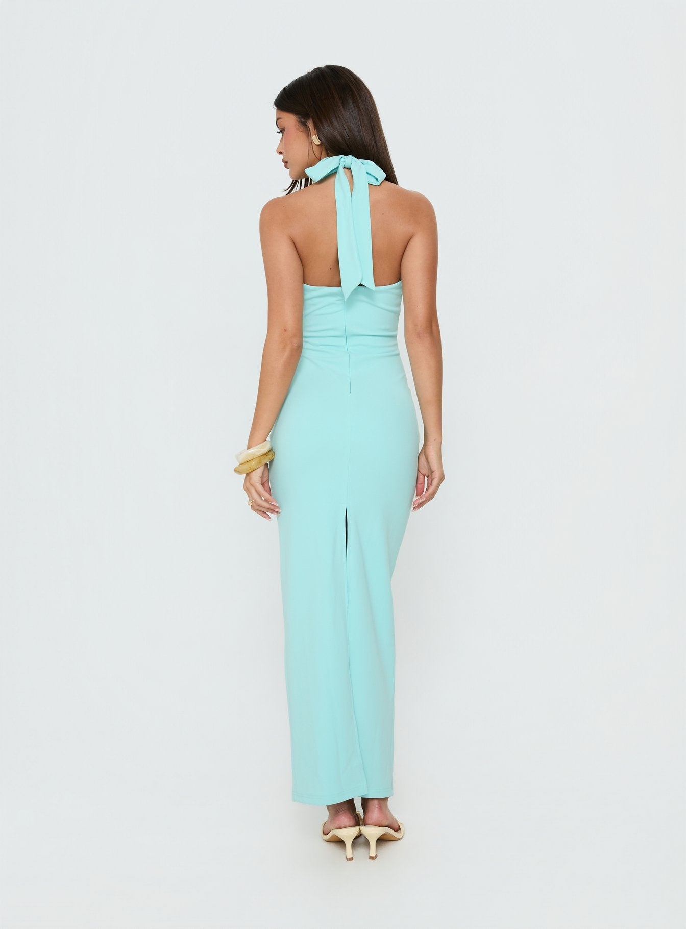 Soft Storm Plunge Halter Maxi Dress Turquoise