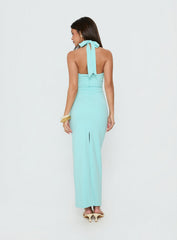 Soft Storm Plunge Halter Maxi Dress Turquoise