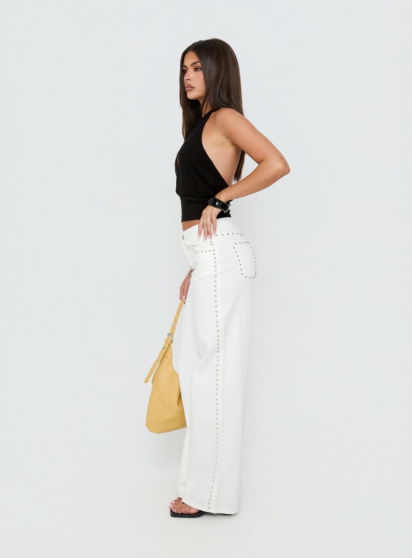 Saving Up Mid Rise Straight Leg Studded Jeans White