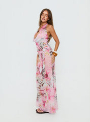 Distinction Halter Chiffon Top Pink Floral