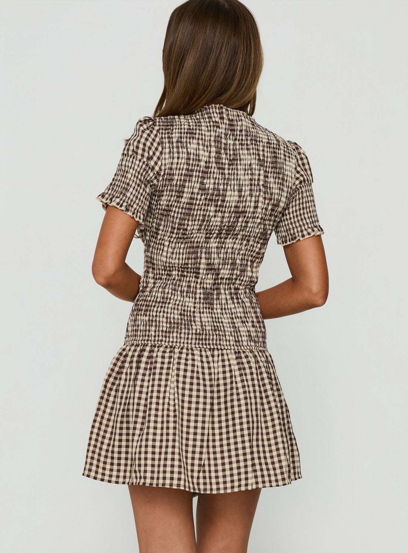 Laurita Shirred Mini Dress Brown Check