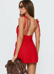 Veara Linen Low Back Tie Detail Romper Red