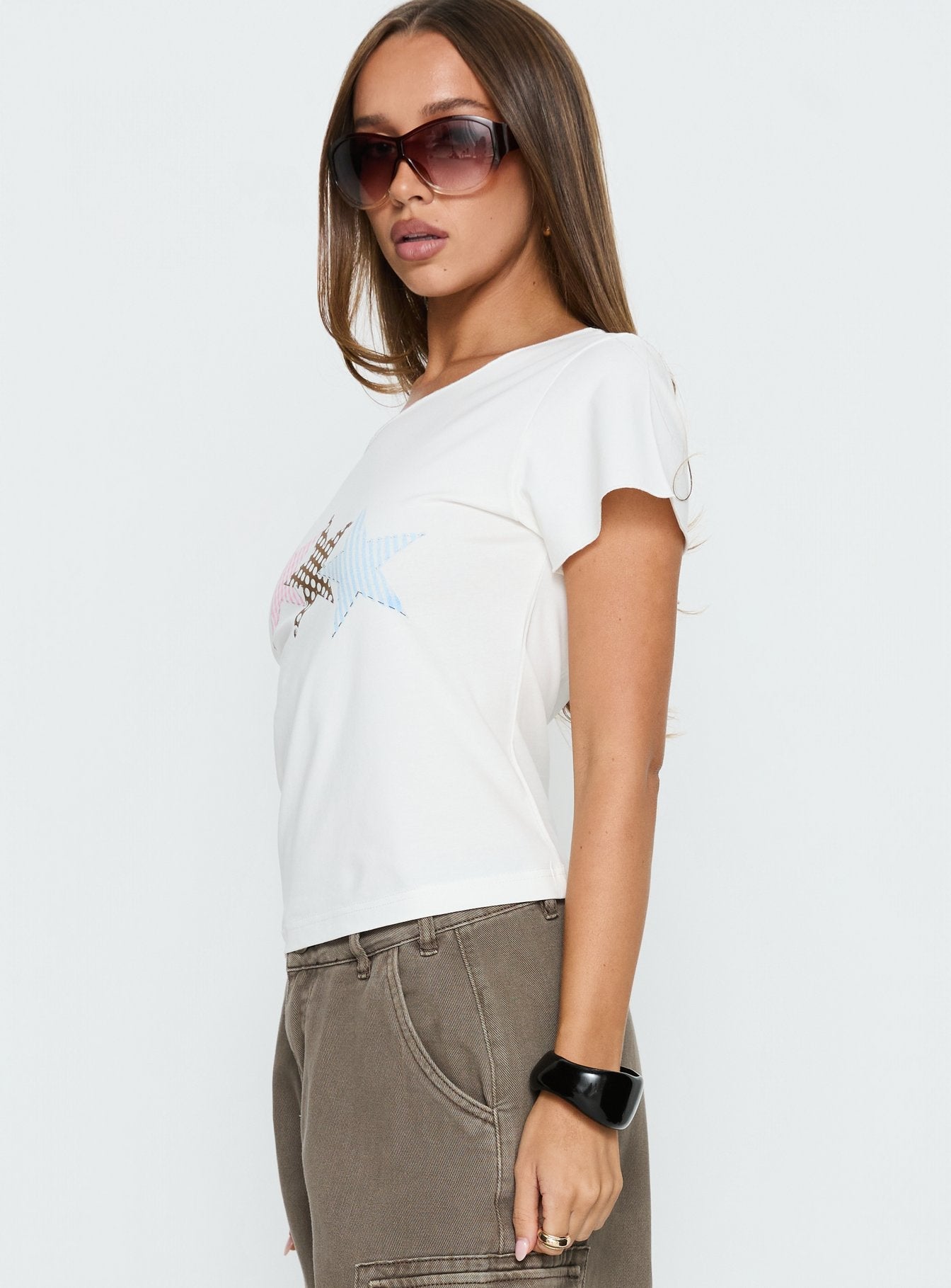 Starry Girl Loose Graphic Top White