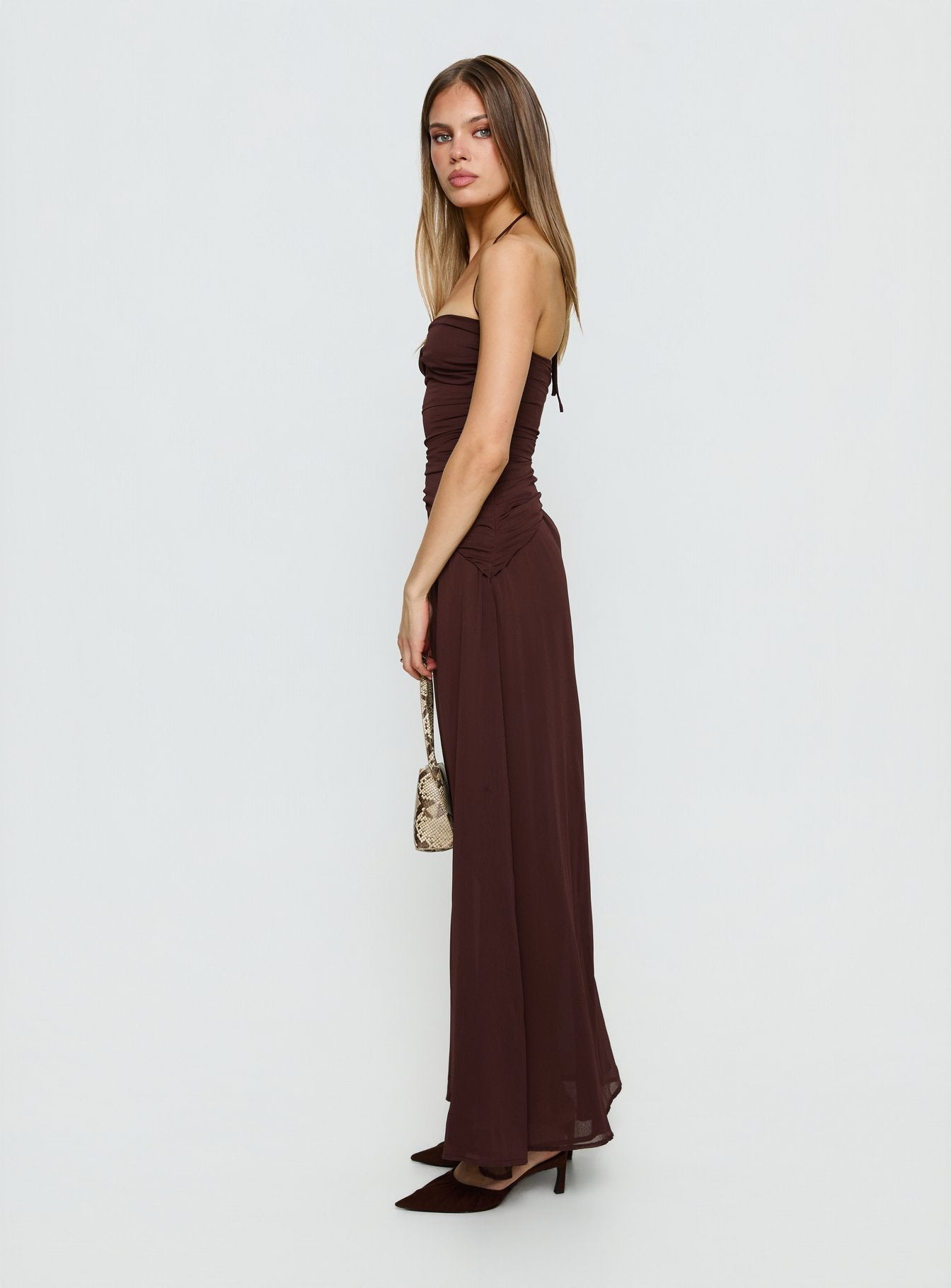 Kaemila Halter Chiffon Maxi Dress Brown
