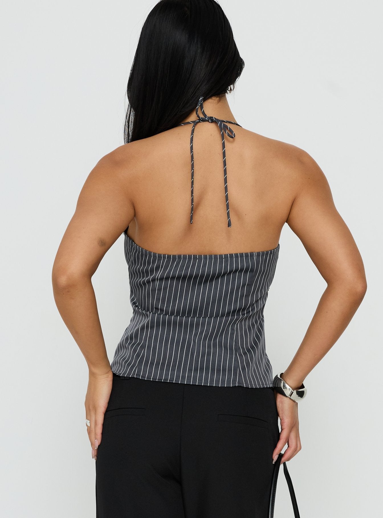 Zenas Sequin Detail Halter Top Grey Pinstripe