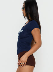 New York 93 Graphic V Neck Top Navy