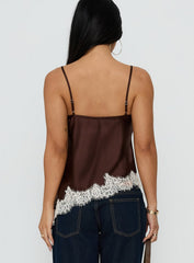 Winta Lace Trim Asymmetrical Satin Top Chocolate