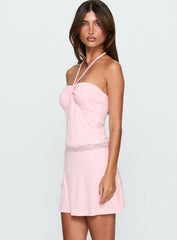 Sheer Ambition Lace Detail Tie Neck Playsuit Pink