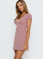 Mystee Plunge Neck Playsuit Burgundy Gingham
