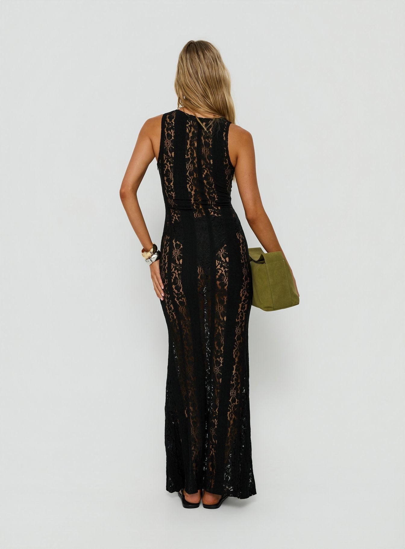 Laurenza Sheer Lace Maxi Dress Black