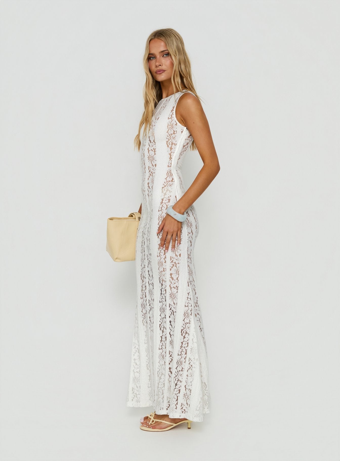 Laurenza Sheer Lace Maxi Dress Off White