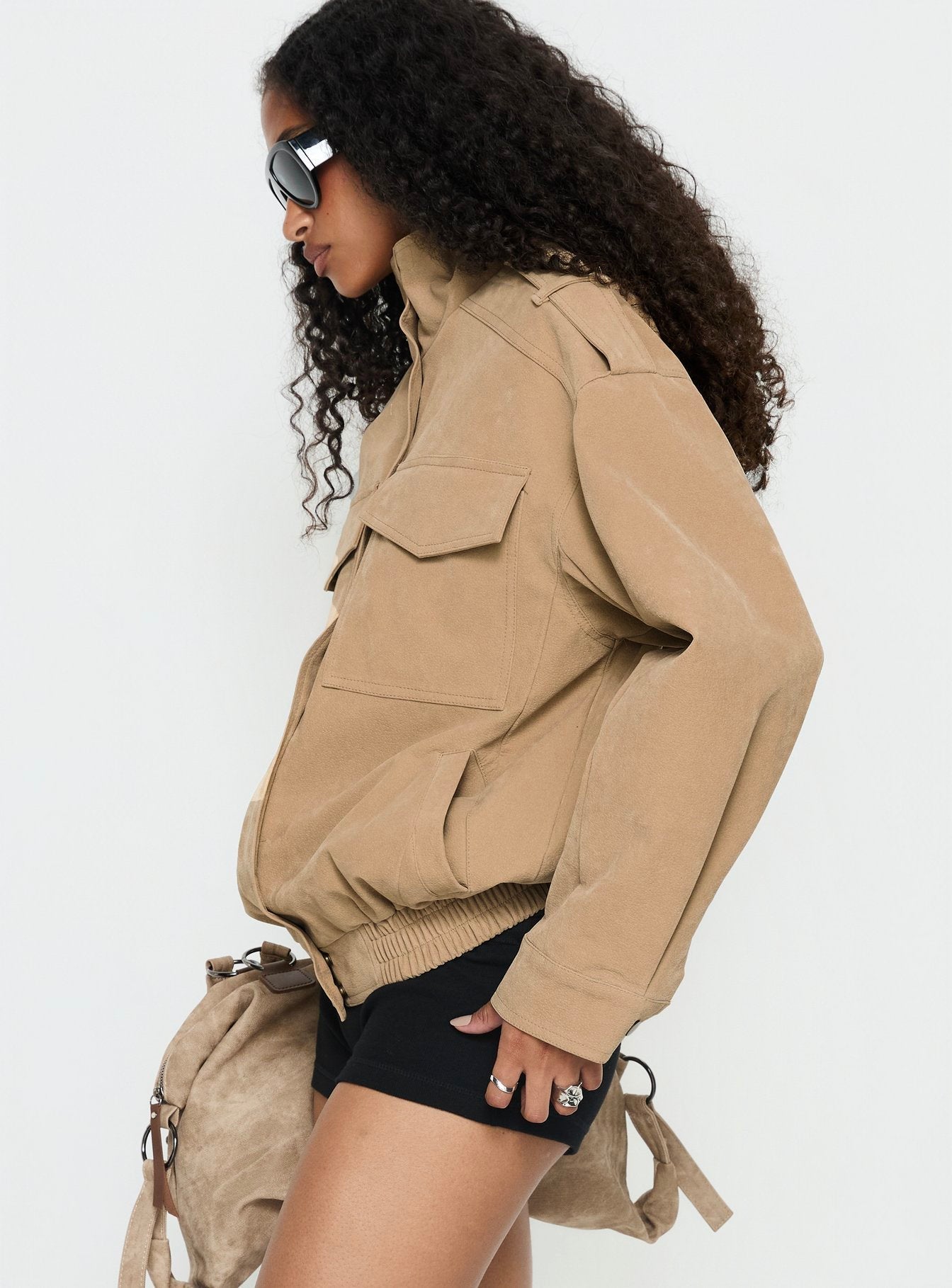 Double Life Funnel Neck Cargo Jacket Beige Petite