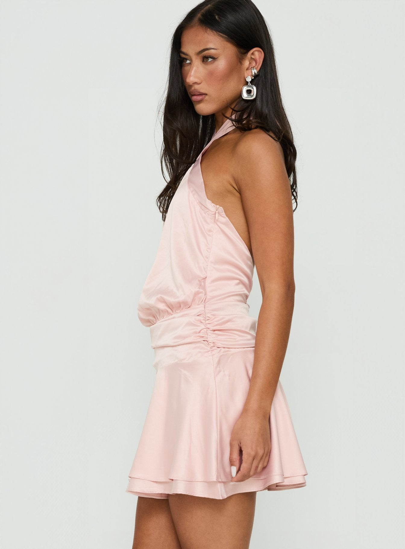 Sparkler Arrowneck Ruched Satin Mini Dress Pink