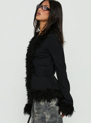 Brynlie Faux Fur Trim Boxy Cardigan Black