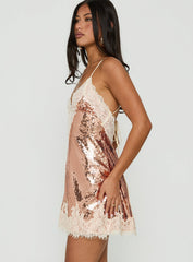 Call My Lover Lace Slip Mini Dress Gold Sequin