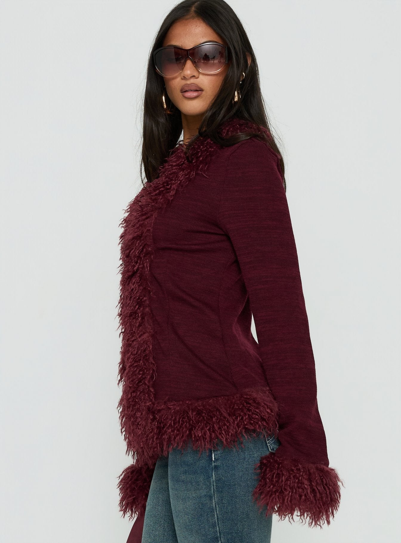 Brynlie Faux Fur Trim Boxy Cardigan Burgundy