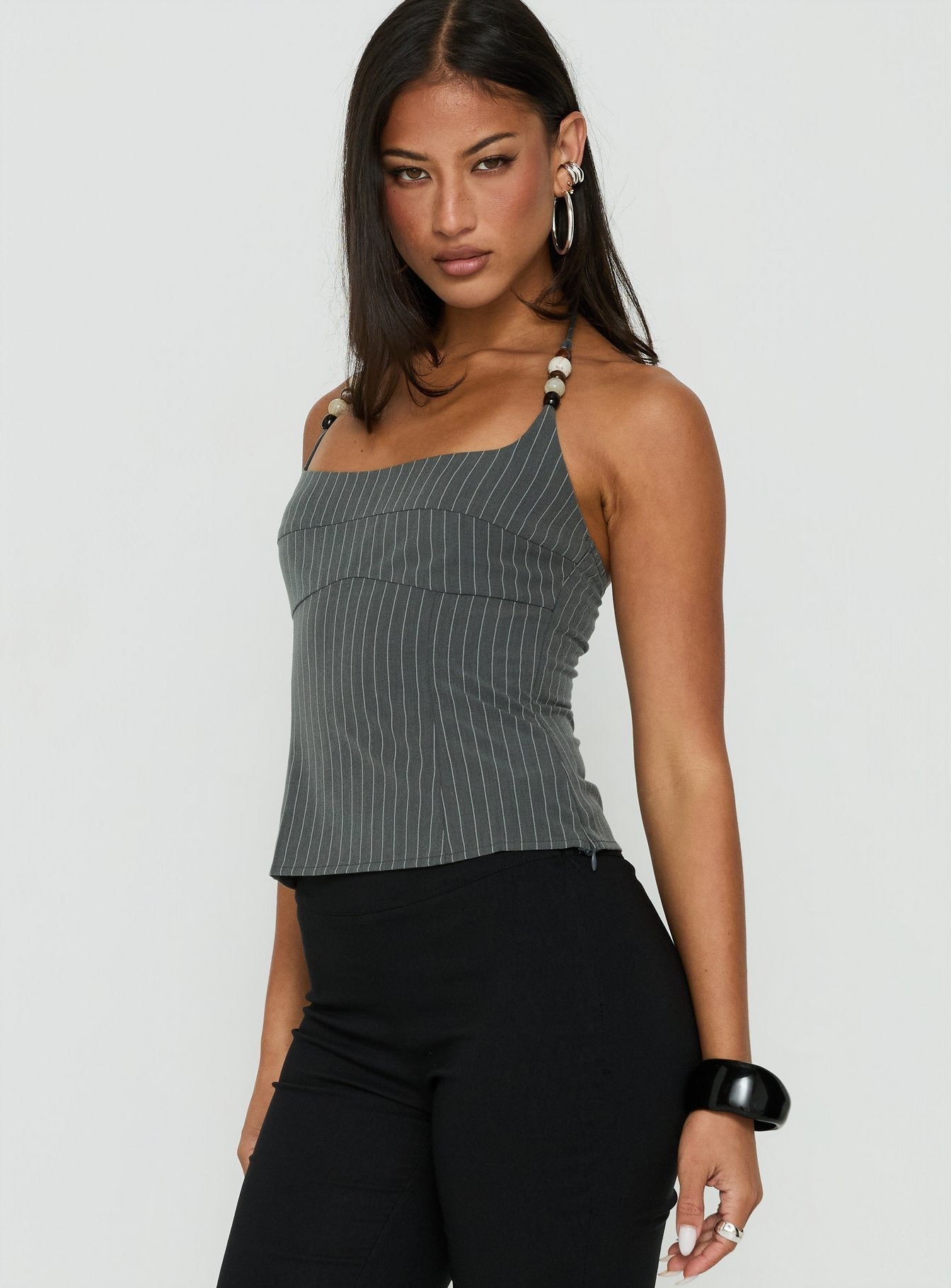 Cherise Bead Detail Top Charcoal Pinstripe