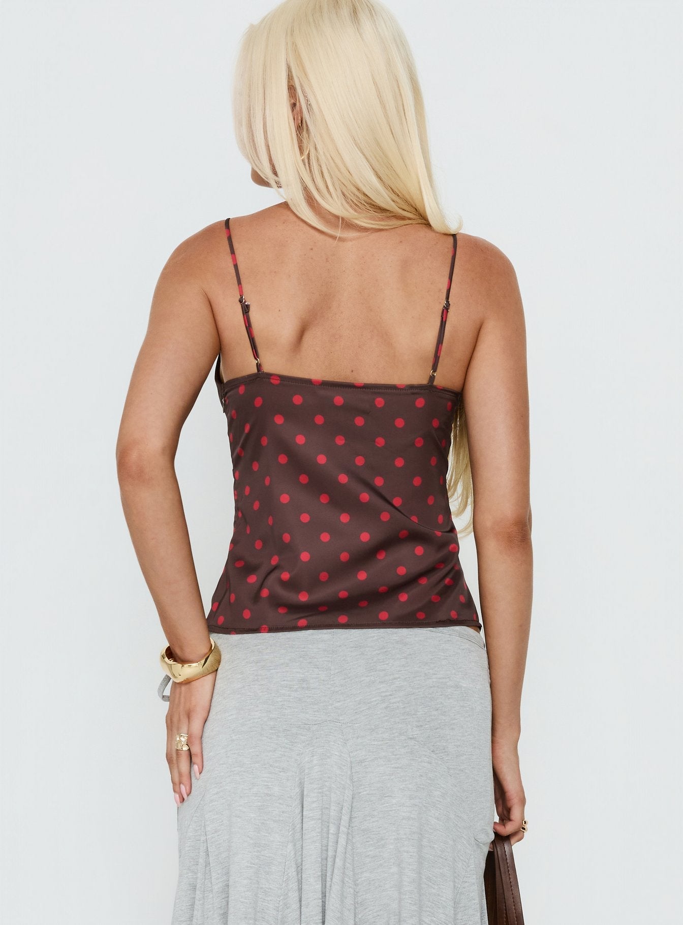 Warm Light Tie Detail Satin Cami Top Chocolate Polka Dot