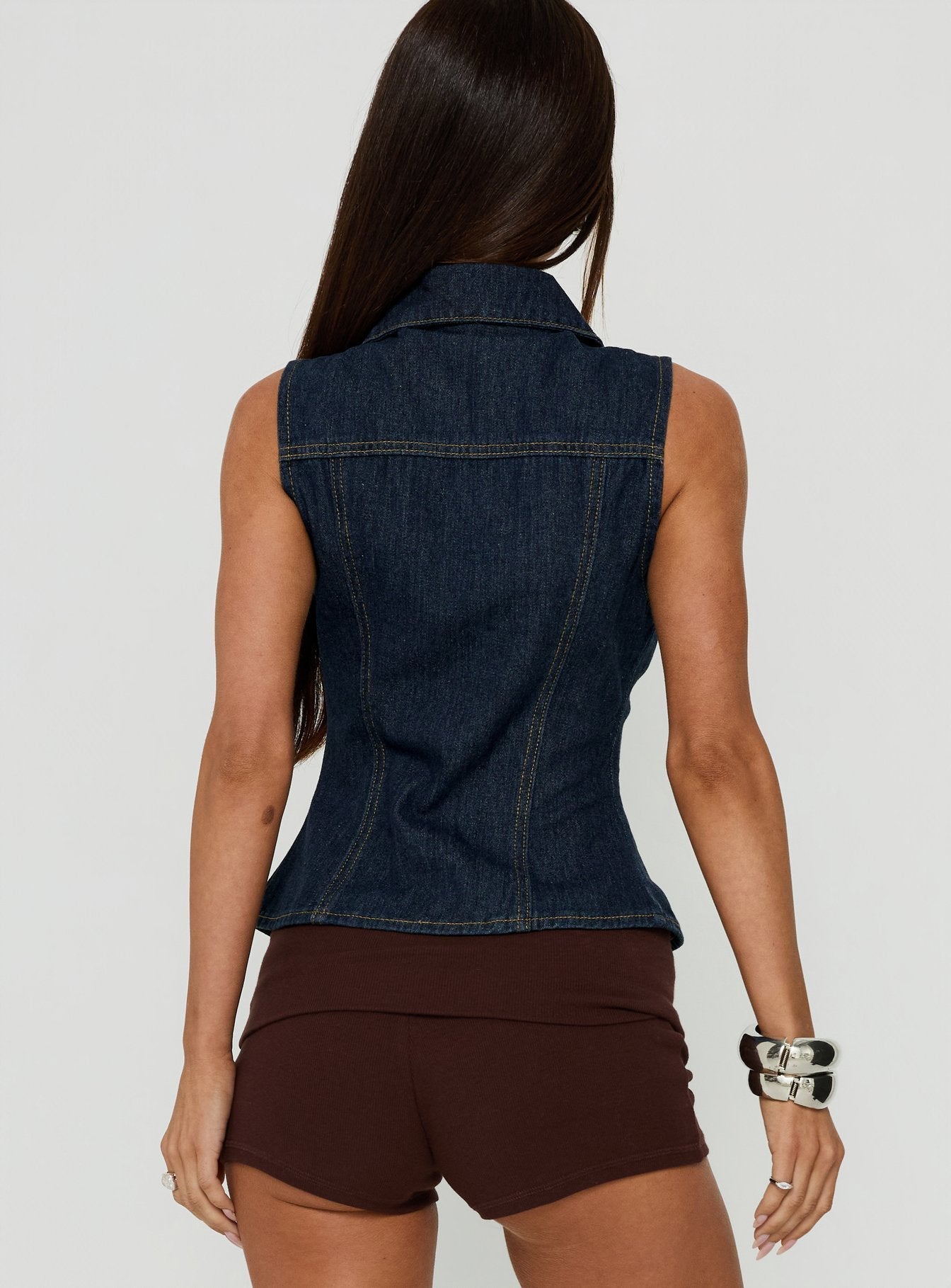Liyana Denim Zip Up Sleeveless Top Mid Blue