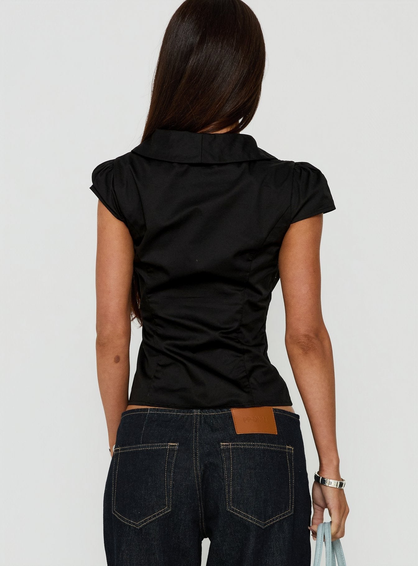 Dimmi Cap Sleeve Button Up Top Black