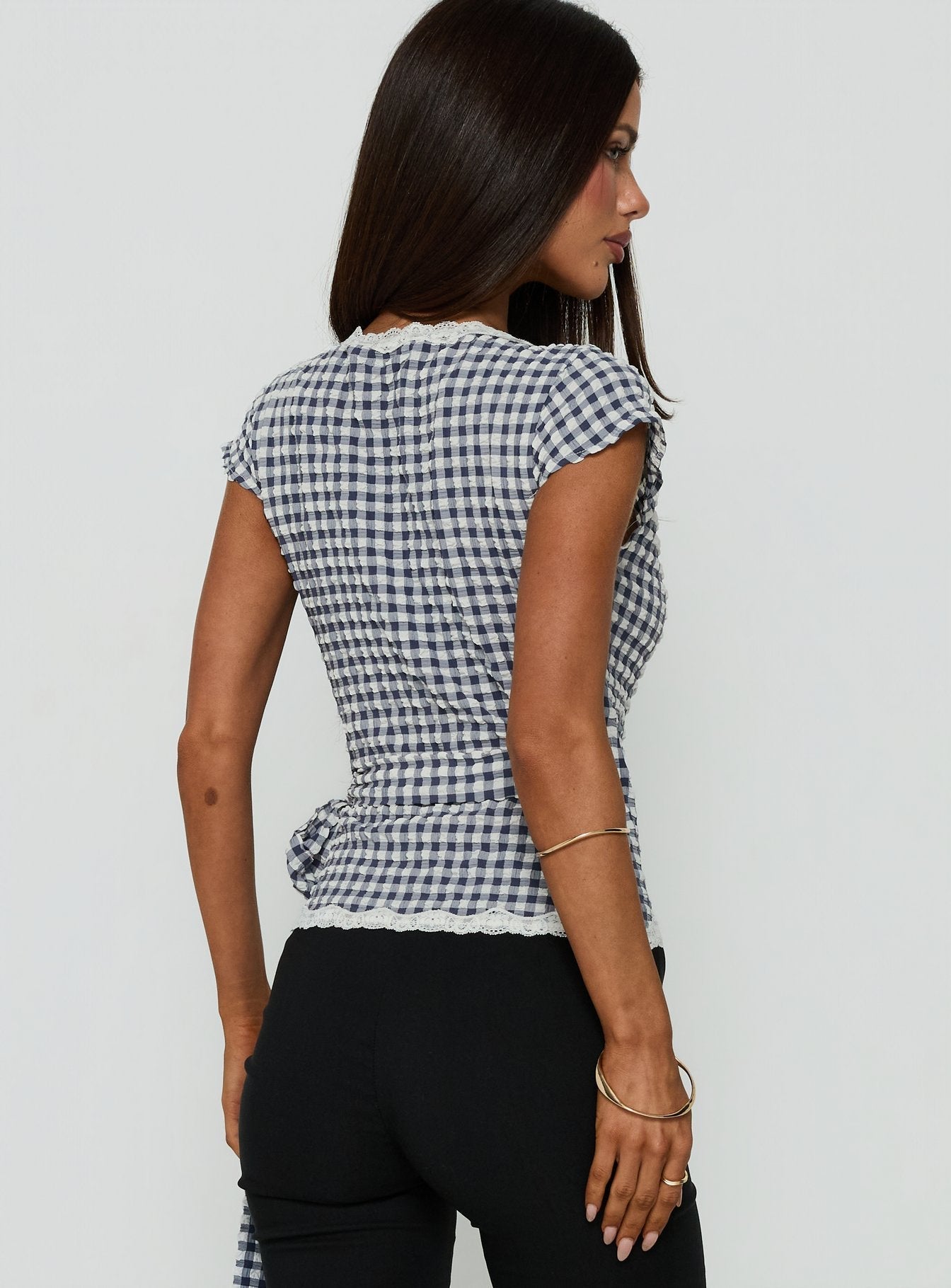Meltwater Lace Trim Wrap Detail Top Navy Check