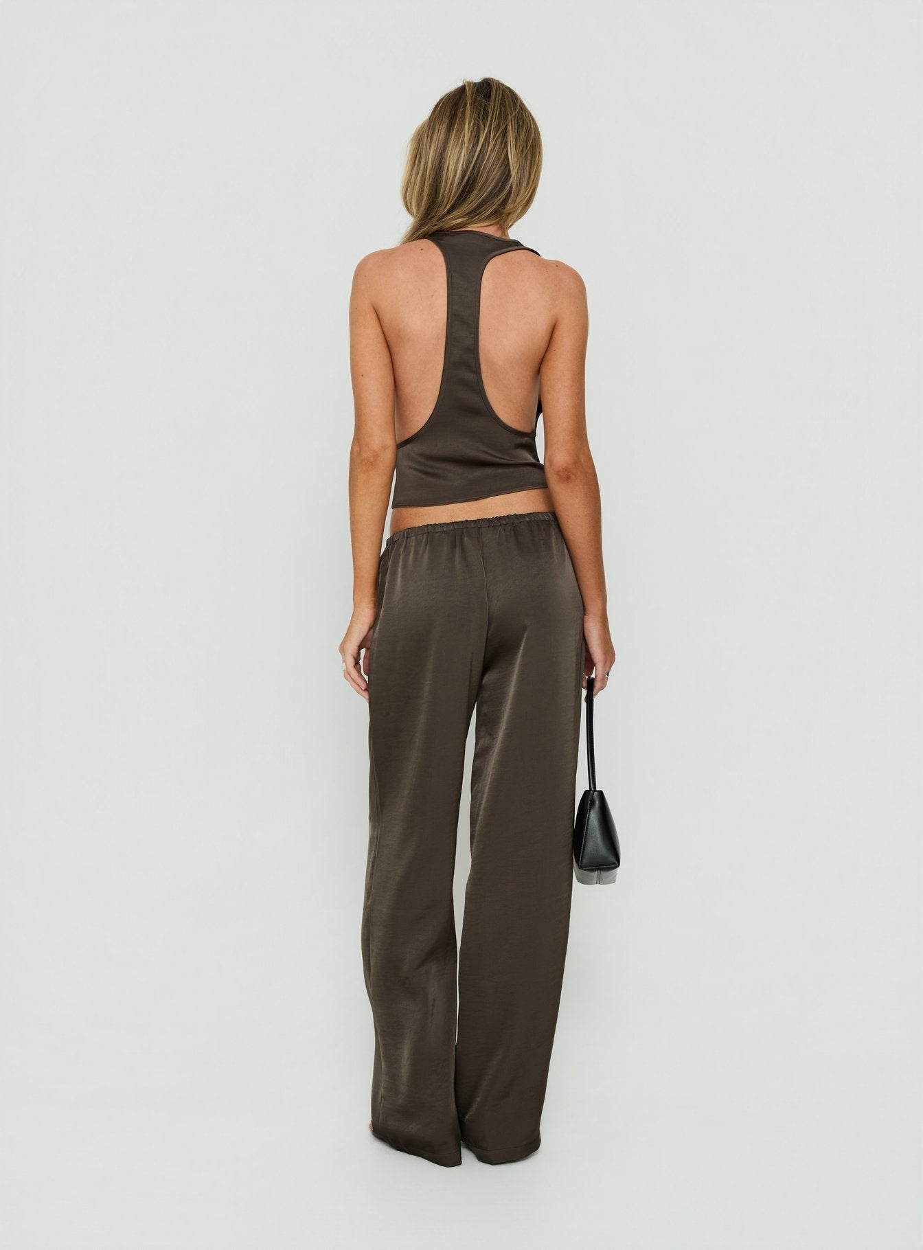 Dialled Up Tie Waist Satin Pants Mocha