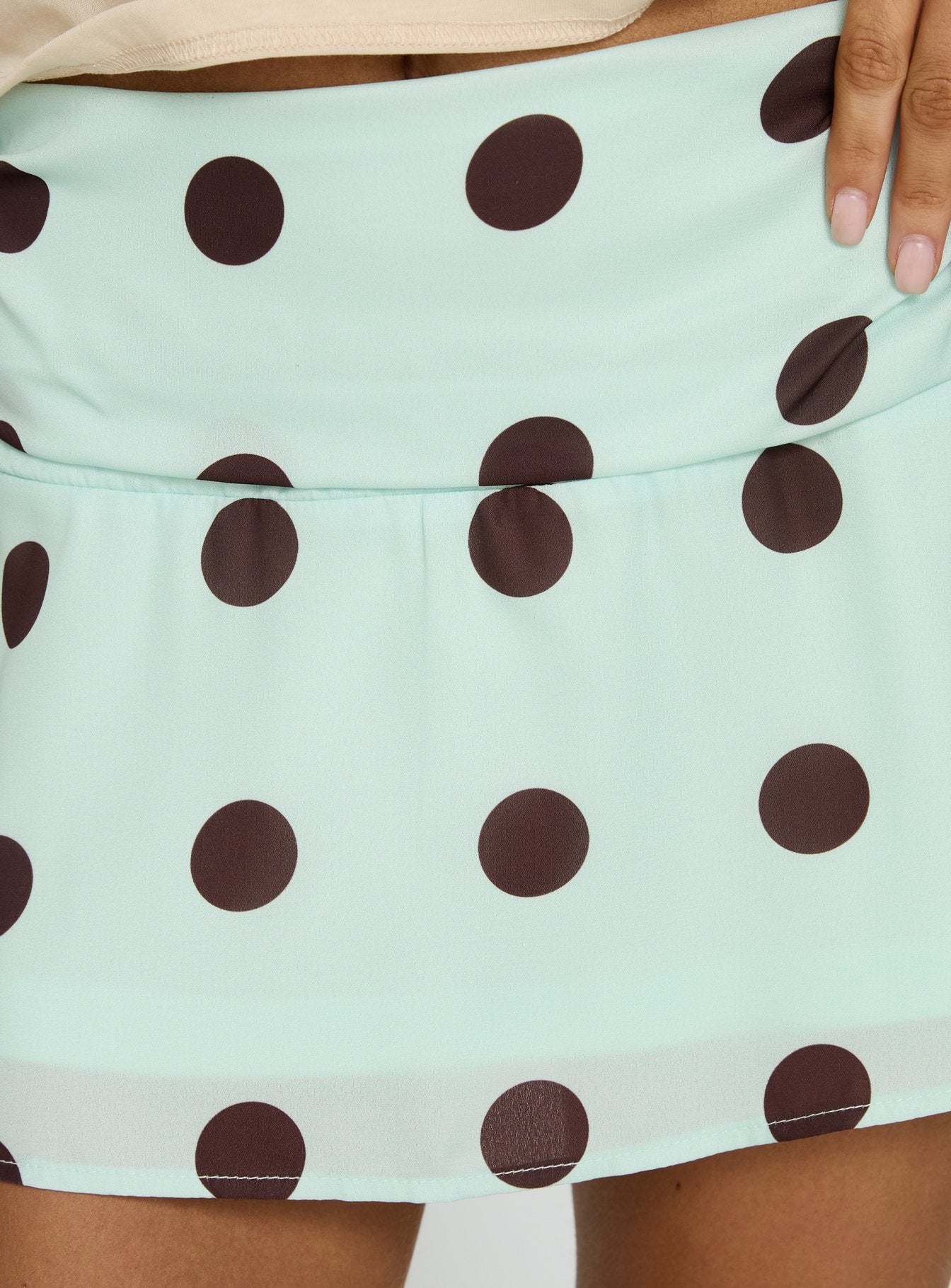 Elicia Ruched Mini Skirt Mint / Chocolate Polka Dot