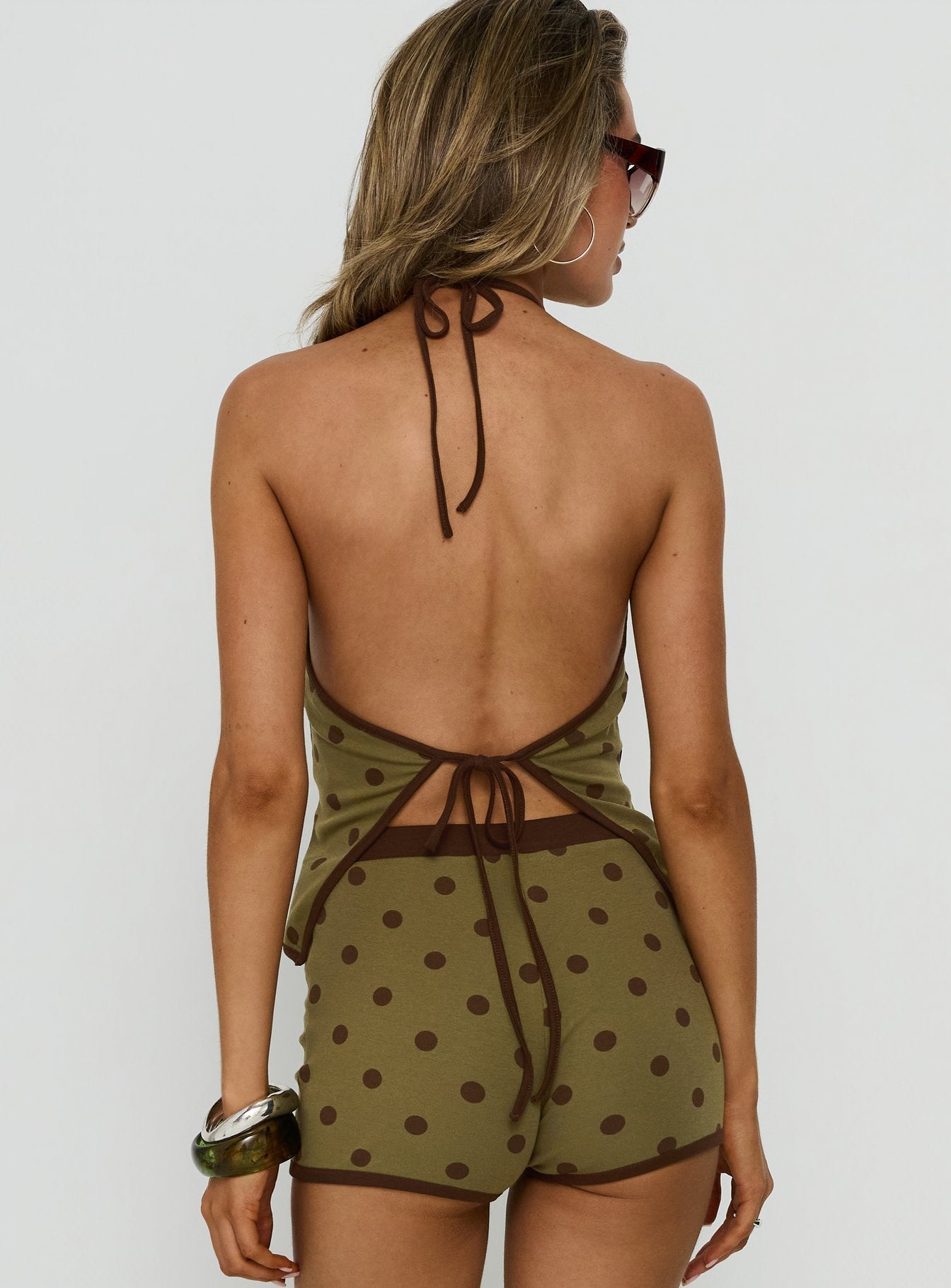 Speranza High Neck Halter Top Green Polka Dot