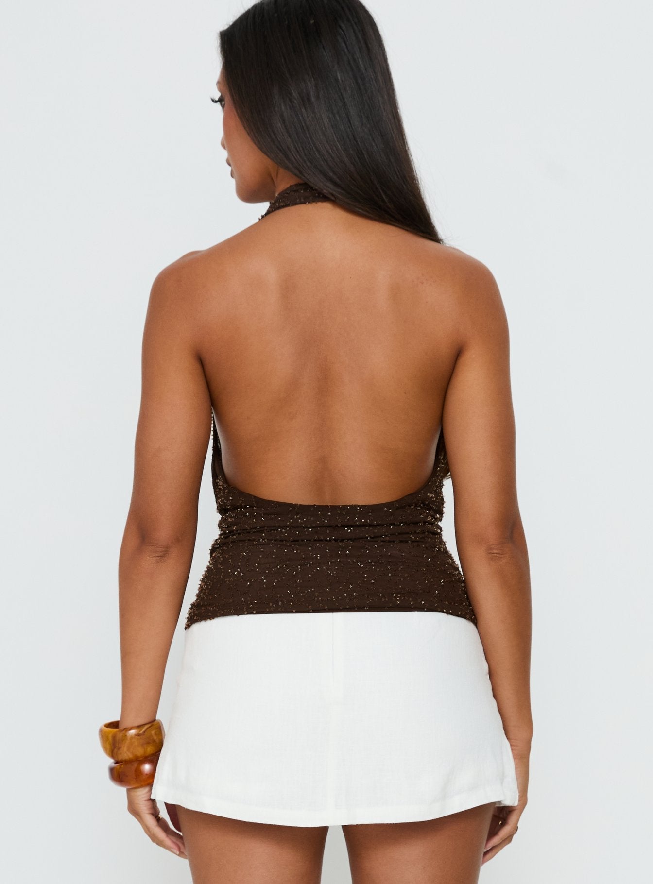 Auralie Plunge Neck Halter Top Brown