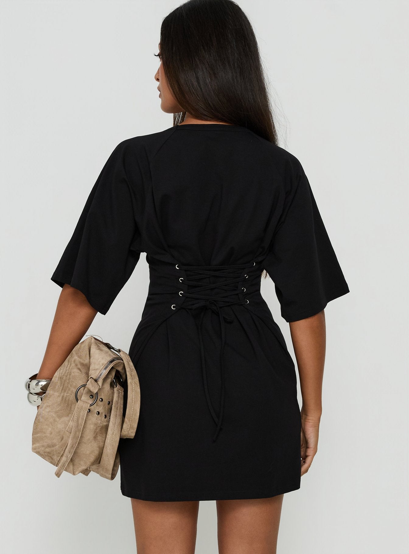 Enzia Raglan Lace Up Mini Dress Black