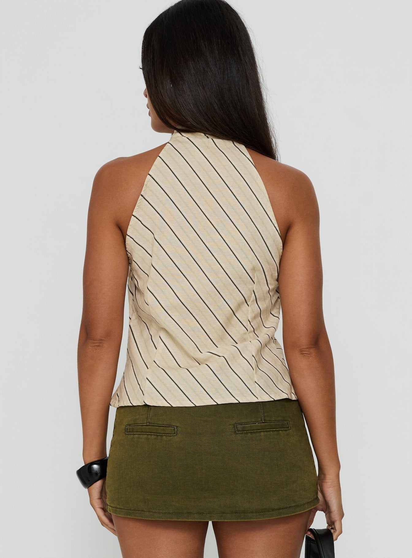 Iggya Button Detail High Neck Top Beige Stripe