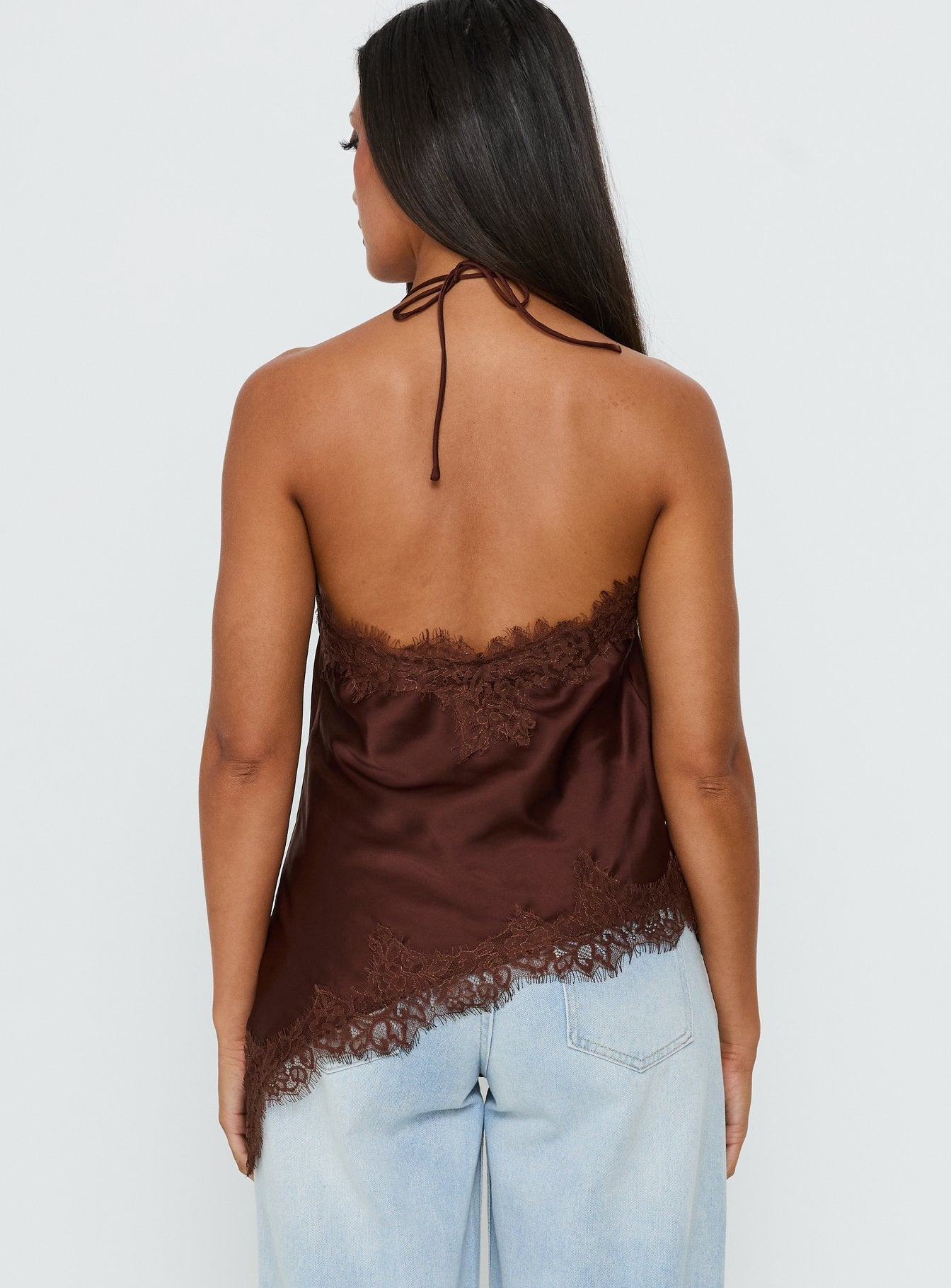 Cosetta Lace Trim Asymmetrical Cami Top Chocolate